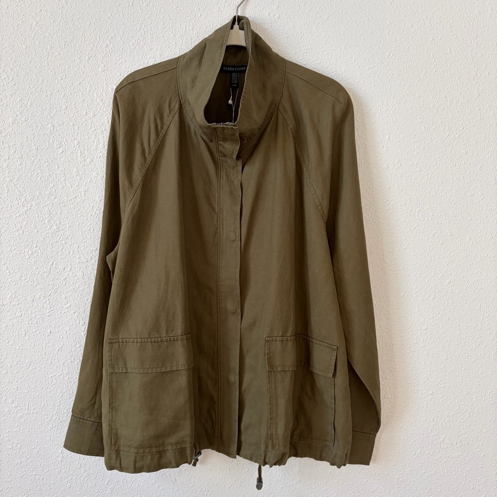 Eileen Fisher Lyocell Linen Stand Collar Jacket Brown Size Large Minimalist